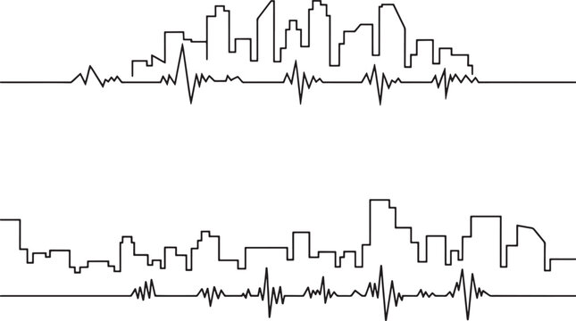 Modern city skyline silhouette with heartbeat pulse line representing urban life and medical concept vector illustration