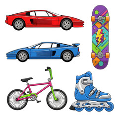 Naklejka premium Classic 80s and 90s inspired vector illustration of sports cars, skateboard, BMX bike, and inline skate for retro recreation