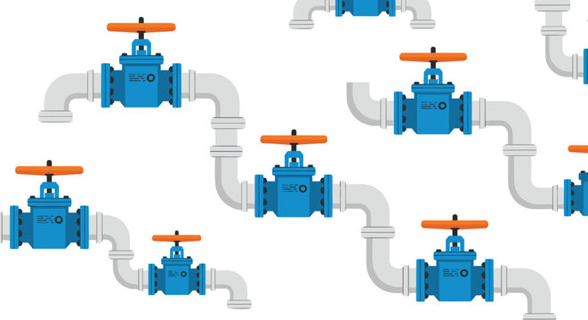Industrial blue valves and pipes on white background for engineering designs
