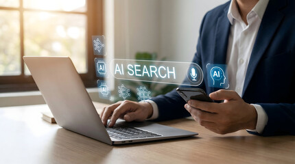 Fototapeta premium Professional using laptop and smartphone with AI Search and voice assistant hologram