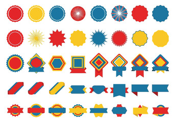 Fototapeta premium Collection of Colorful Flat Vector Graphic Design Elements Featuring Assorted Badge, Ribbon, and Label Shapes for Creative Projects