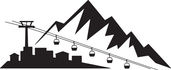 Mountain ski resort silhouette with cable car gondolas and village houses against sharp peak backdrop vector illustration © MstSima