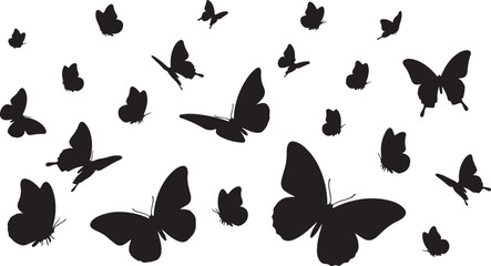 Black butterflies flying in various directions isolated on white background