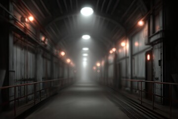 Fototapeta premium Long, dimly lit corridor with warm, orange accent lights and fog, industrial aesthetic
