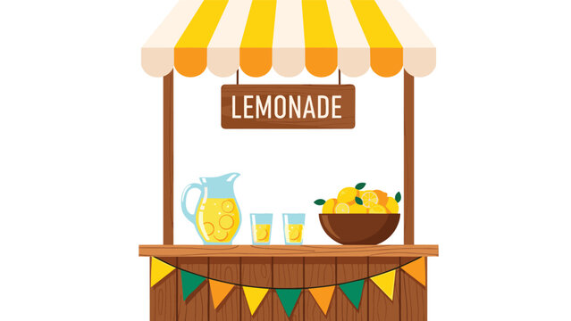 Charming illustration of a wooden lemonade stand with a yellow striped awning, a pitcher, glasses, and a bowl of lemons.