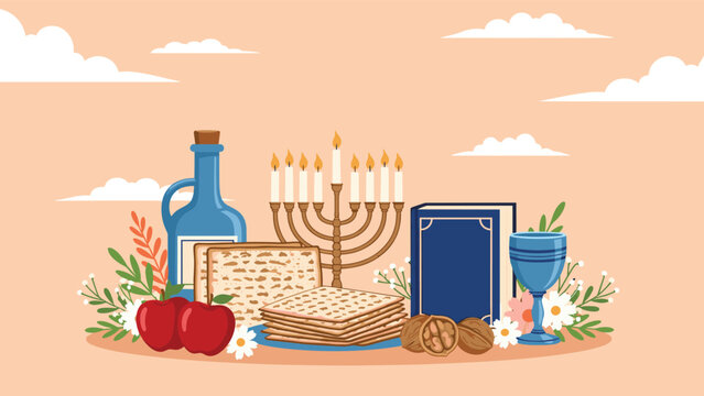 Passover holiday symbols including matzah bread wine menorah and apples arranged together on a warm peach background.
