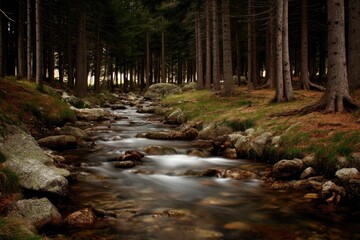 A serene mountain stream meanders through a dense forest of tall, straight trees