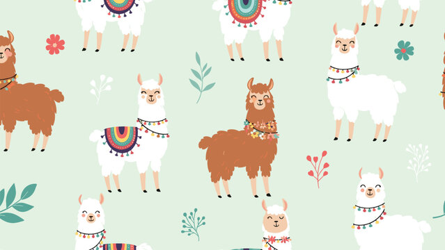 Cute llamas and alpacas seamless pattern featuring colorful blankets and flower wreaths on a soft green background.