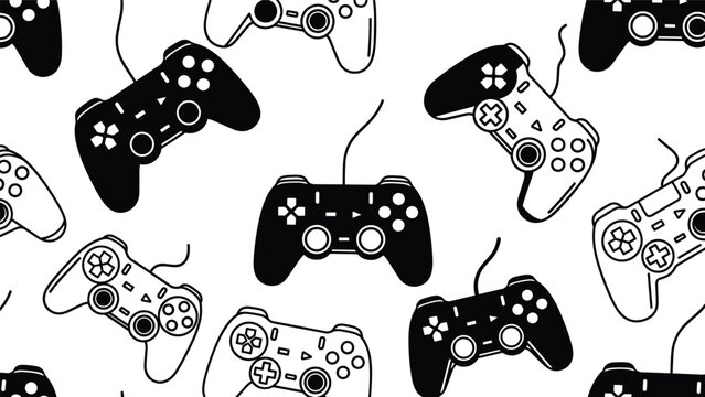 Seamless repeating pattern of wired video game controllers in black and white illustration style for technology and gaming enthusiasts.