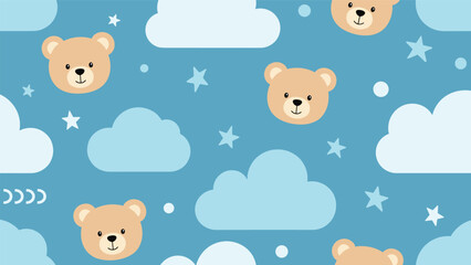 Adorable seamless pattern for nursery decor featuring teddy bear heads, soft blue clouds, and small stars on a light blue background.