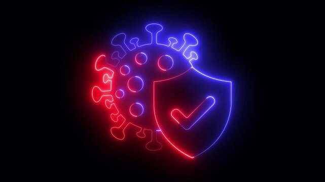 glowing neon Virus protection symbols icon isolated on black background. Immunity Icon. Shields protecting against viral threats, symbolizing safety and health. 4k video animation.