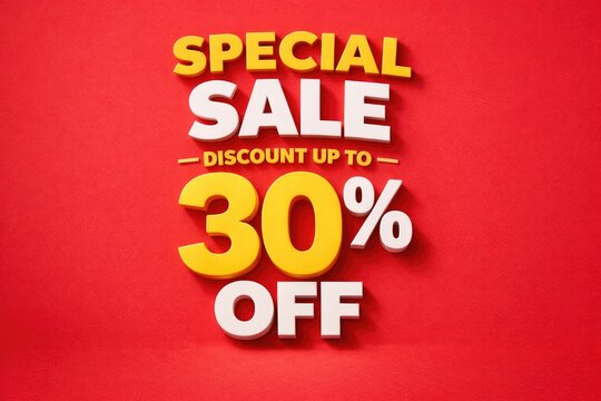 Special Sale Discount Up To 30% Off Yellow and White 3D Text on Red Background