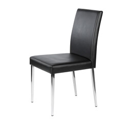 Fototapeta premium Modern black leather dining chair with sleek chrome legs modern chair leather chair isolated on transparent background. PNG die-cut for advertising