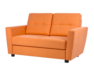 Fototapeta premium Modern orange two seater sofa with upholstered cushions and clean lines isolated on transparent background. PNG die-cut for advertising