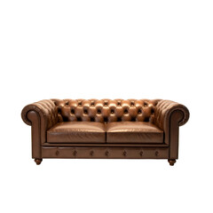 Fototapeta premium classic brown leather Chesterfield sofa with button tufting and rolled arms isolated on transparent background. PNG die-cut for advertising