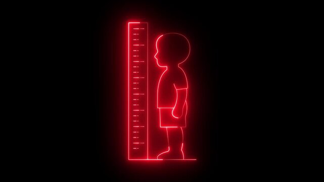 glowing neon Child's Height Measurement icon isolated on black background. Growth chart with child silhouette and measuring ruler for pediatric checkup, representing body measurement growth tracking.