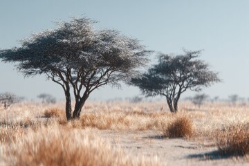 Desert landscape with acacia-like trees and dry, golden grasses under a pale blue sky