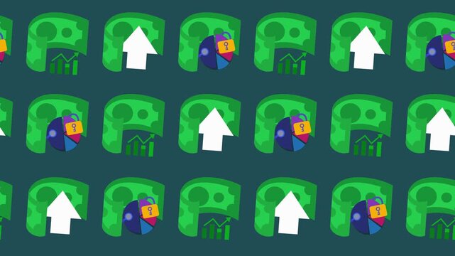 Financial growth and data security seamless pattern with money and charts. Business success wallpaper and strategic wealth management background with financial icons and profit symbols.
