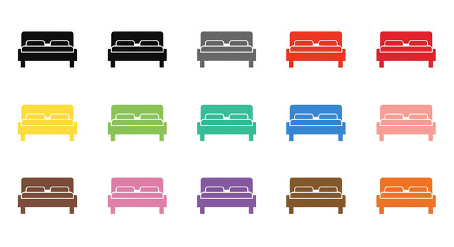 Fifteen stylized bed icons in a variety of colors on a white background.