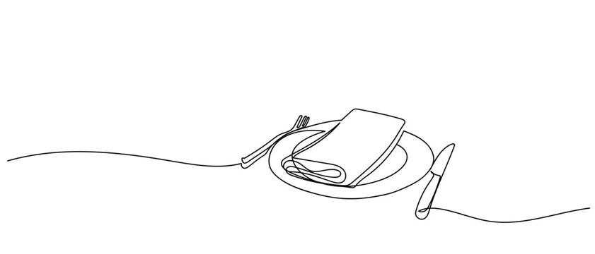 Minimalist continuous one line art drawing of a napkin folded on a dining table. Editable stroke.