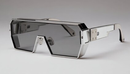 Futuristic sunglasses, silver frames, dark lenses, angled design, against a grey background