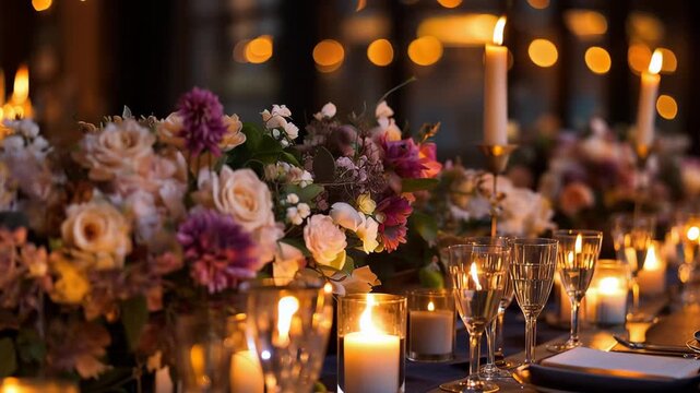 Dinner table is set with flowers and candles for a gathering in the evening at a restaurant with warm lighting and a cozy atmosphere