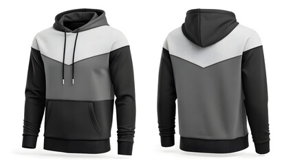 Front and back view of a stylish men's color block hoodie mockup, showcasing a modern design with a hood and pocket, perfect for apparel brands and designers