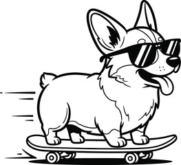 Black and white coloring book illustration, a playful corgi puppy wearing sunglasses, sitting on a skateboard © @rayan_rahaman