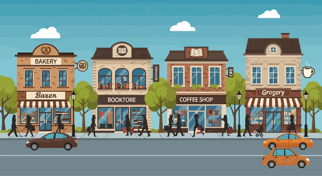 Charming Main Street with Shops and Pedestrians, Small Town Atmosphere