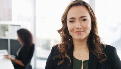 Portrait, confident or woman with smile in office, labor law compliance or human resources...