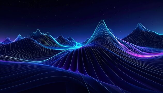 Abstract digital landscape with glowing neon lines forming mountains