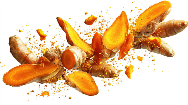 A vibrant image of fresh turmeric roots with bright orange powder scattered around them. Several whole turmeric rhizomes and a sliced piece reveal the rich golden-orange interior, while turmeric powde