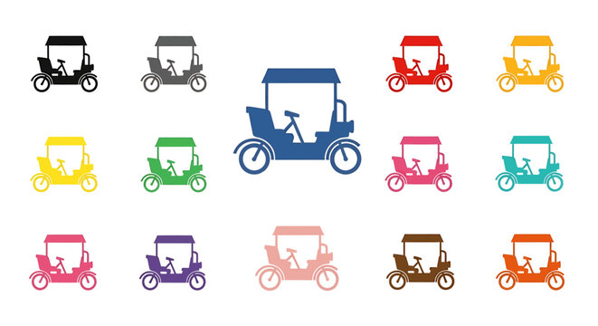 Tuk Tuk icons set colorful rickshaw silhouettes.