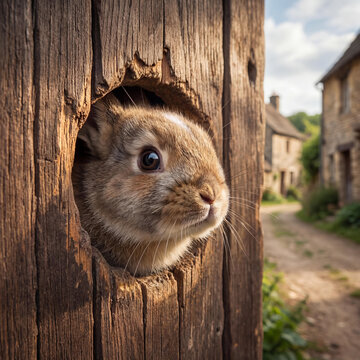 A Curious Wild Rabbit Peeking Out From a Rustic Wooden Post, Observing a Quaint Village Path and Charming Old Stone Houses