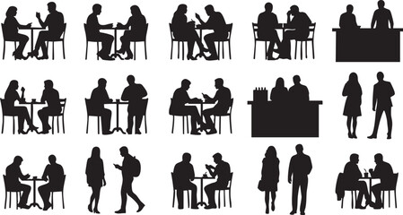 Cafe People Sitting Crowd Minimalist Black Silhouette Vector Set for Architectural Rendering