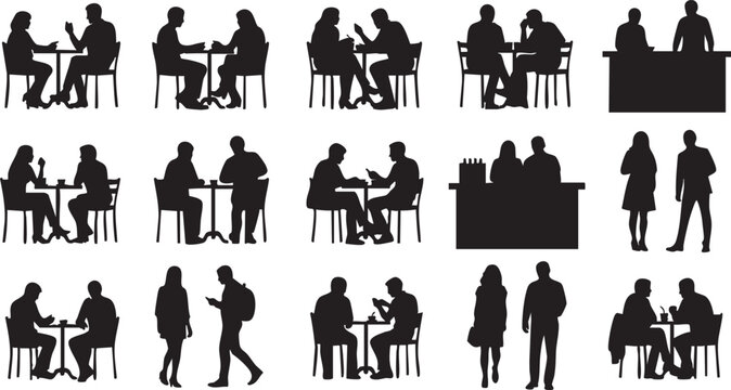 Cafe People Sitting Crowd Minimalist Black Silhouette Vector Set for Architectural Rendering