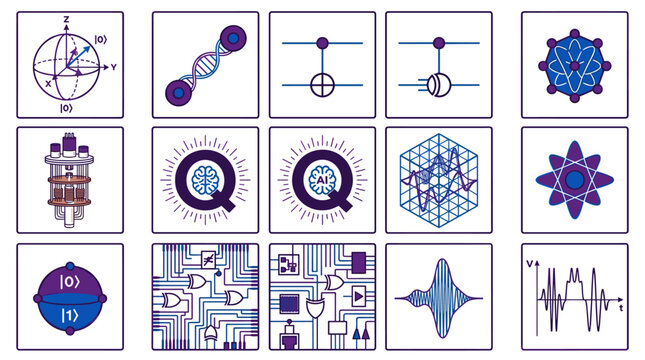 Quantum computing and science icon set isolated on white background vector illustration