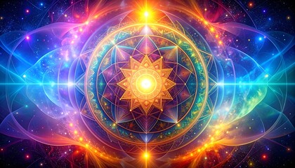 Obraz premium Intricate geometric mandala pattern with vibrant cosmic energy