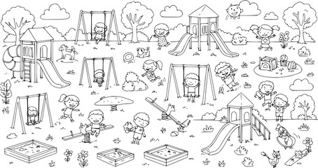 Naklejka premium Happy Kids Playground Fun: Black and White Line Art Cartoon Illustration of Children Playing on Swings, Slides, Seesaws, and Sandboxes, Early Childhood Education.