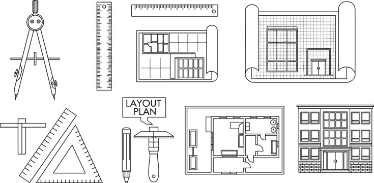 architecture drafting tools and building plan line icons set, blueprint equipment, ruler compass layout design construction outline collection
