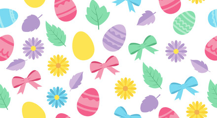 Obraz premium Colorful Easter eggs and flowers pattern background.