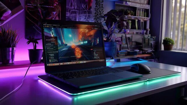 Working on a laptop at a desk with purple lighting and plants during the late afternoon in a modern room