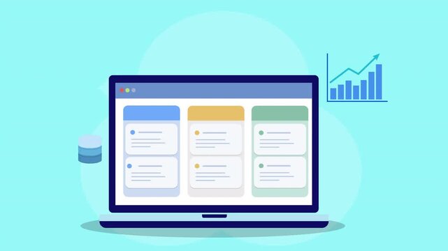 Flat vector animation of laptop analytics dashboard with database icon and growth chart representing data analysis, business performance monitoring, and digital reporting systems.
