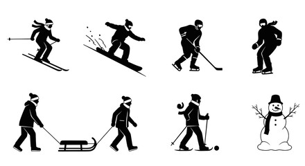 Naklejka premium Winter Sports Recreation Activities Black Silhouette Icons Set