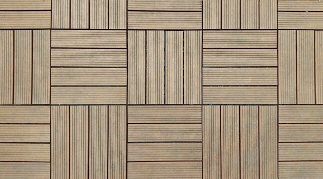 Geometric wood deck tiles pattern with interlocking timber slats