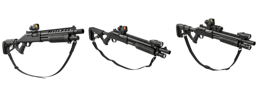 Modern tactical pump-action shotguns with accessories isolated on white