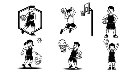 Obraz premium Black and White Line Art Cartoon Kids Basketball Players Vector Illustrations Set