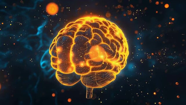 Exploring the concept of brain activity with glowing neural connections in a dark background and colorful energy particles