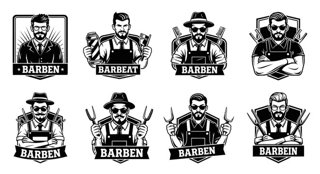 Vintage Monochrome Barbershop  Grill Men Logos Collection