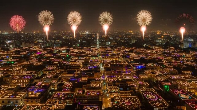City at Night Featuring Fireworks Display and Illuminated Buildings